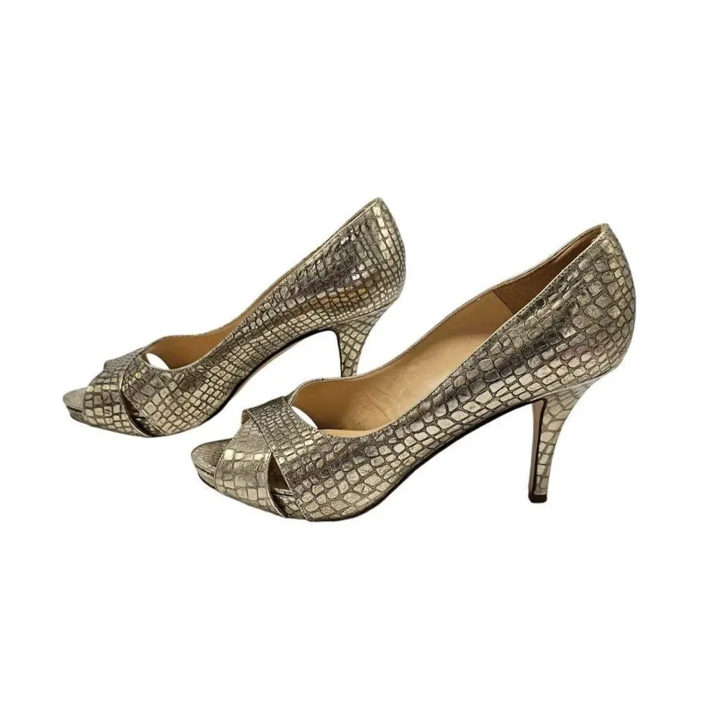 Kate Spade Gold animal embossed print leather peep toe heels Size 8